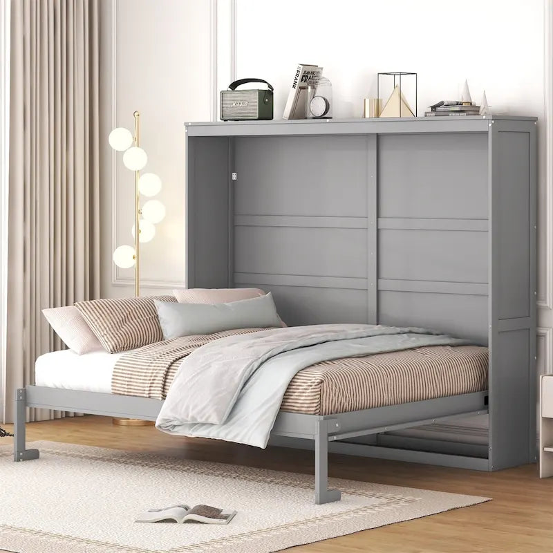 Grey & White Murphy Wall Bed – Fold-Away Cabinet, Queen/Full, 1–2 Person
