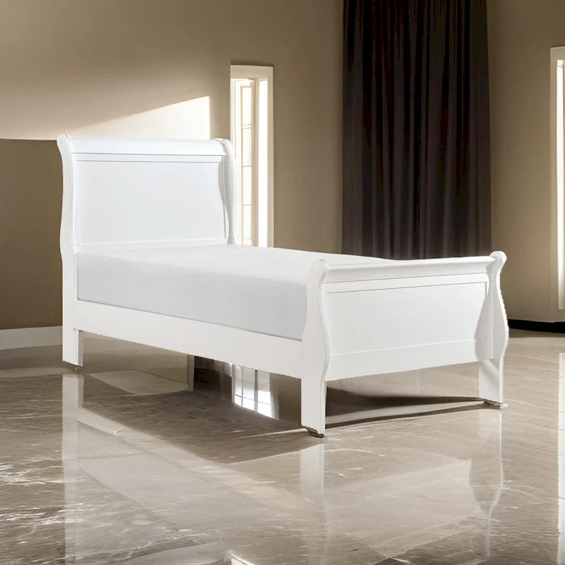 Vele Twin Size Bed with Panel Headboard, Sleigh Design, White Wood Finish