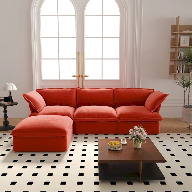 Canapé d'angle modulable en L en velours, 3-4 places (bleu / orange / rouge / vert)