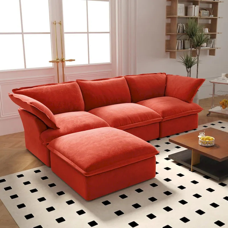 L-Shaped Modular Sectional Sofa, Velvet, 3–4 Seater (Blue / Orange / Red / Green)