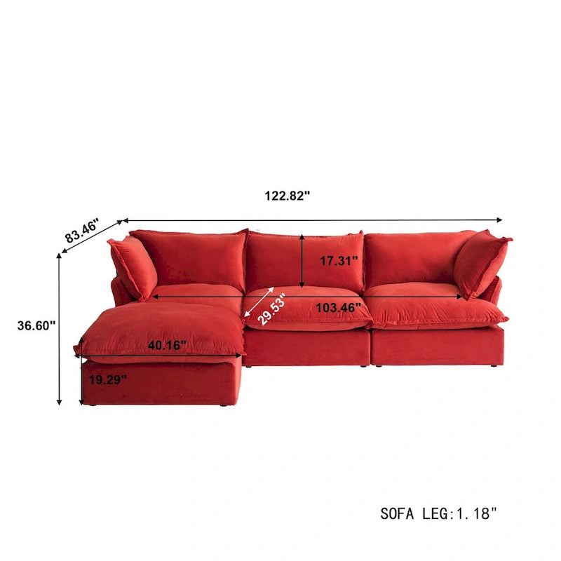 L-Shaped Modular Sectional Sofa, Velvet, 3–4 Seater (Blue / Orange / Red / Green)