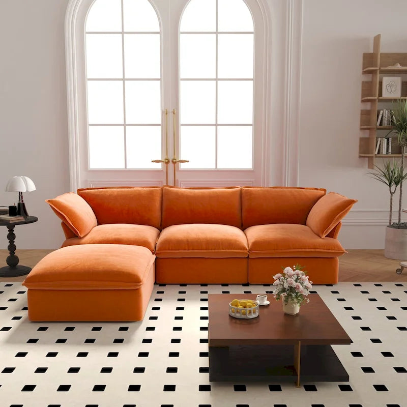 L-Shaped Modular Sectional Sofa, Velvet, 3–4 Seater (Blue / Orange / Red / Green)
