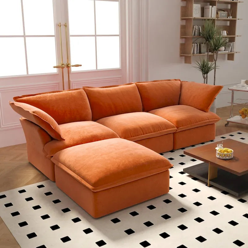 L-Shaped Modular Sectional Sofa, Velvet, 3–4 Seater (Blue / Orange / Red / Green)