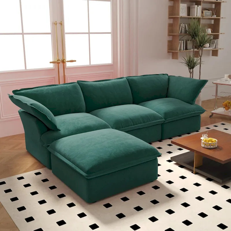L-Shaped Modular Sectional Sofa, Velvet, 3–4 Seater (Blue / Orange / Red / Green)
