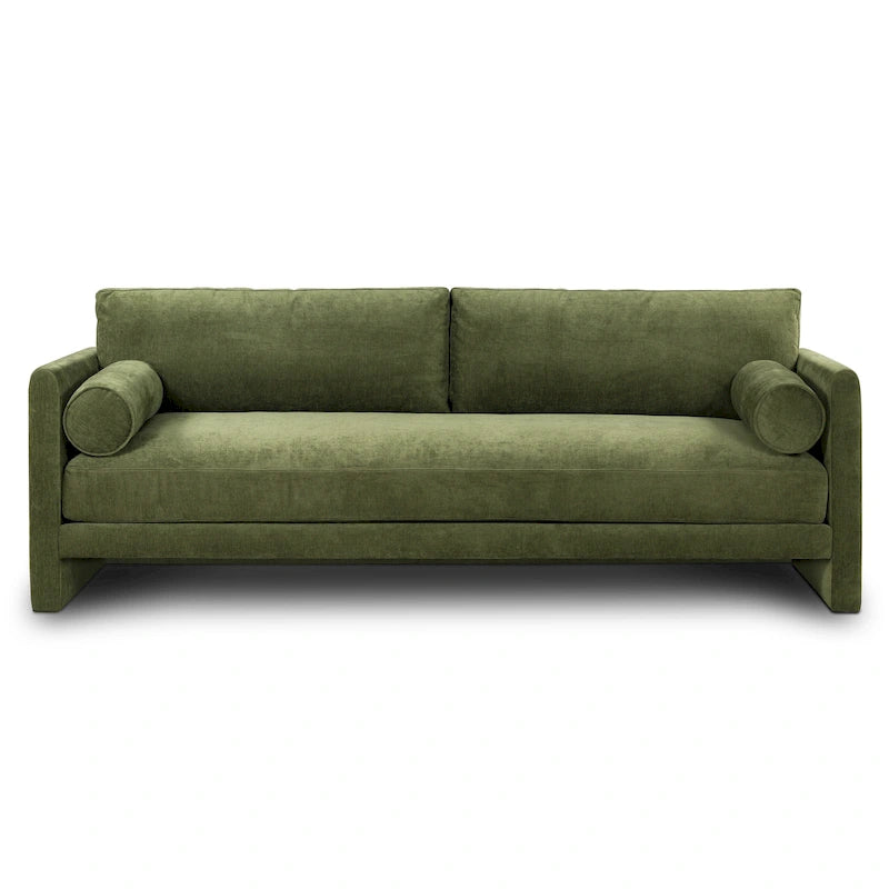 Distressed Green Velvet 3-Seat Sofa with Bolster Pillows, 90.5"