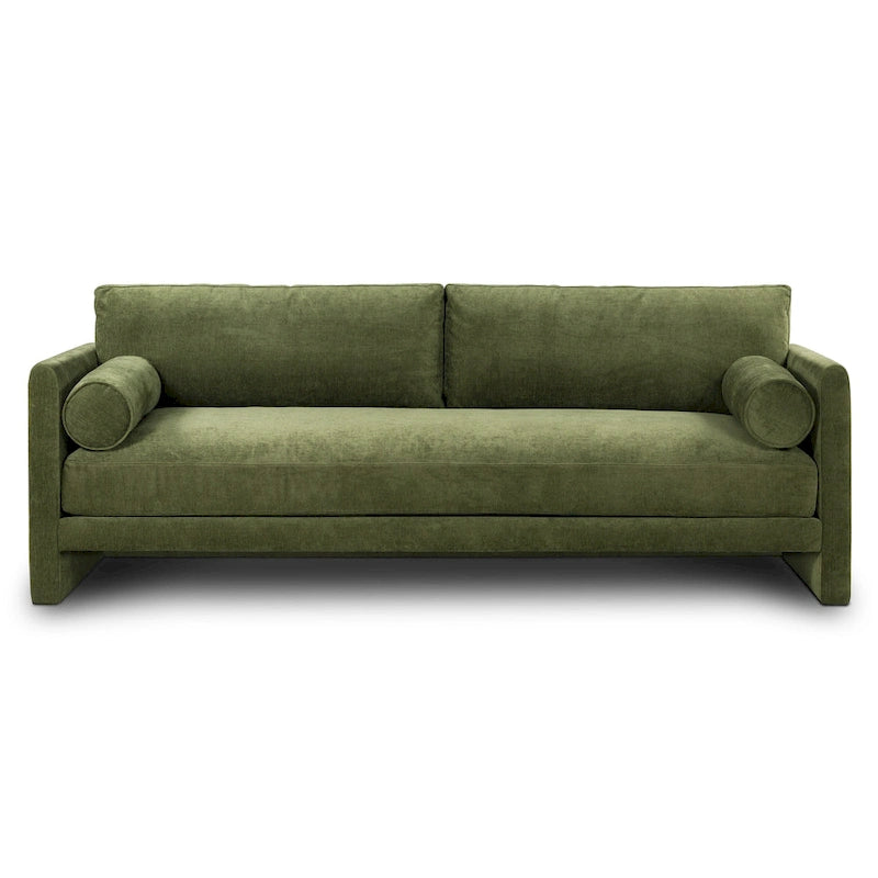 Distressed Green Velvet 3-Seat Sofa with Bolster Pillows, 90.5"