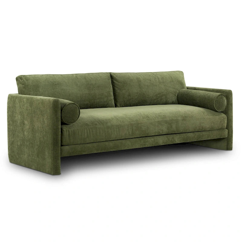 Distressed Green Velvet 3-Seat Sofa with Bolster Pillows, 90.5"