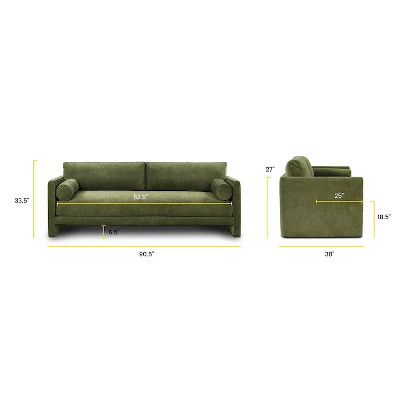 Distressed Green Velvet 3-Seat Sofa with Bolster Pillows, 90.5"
