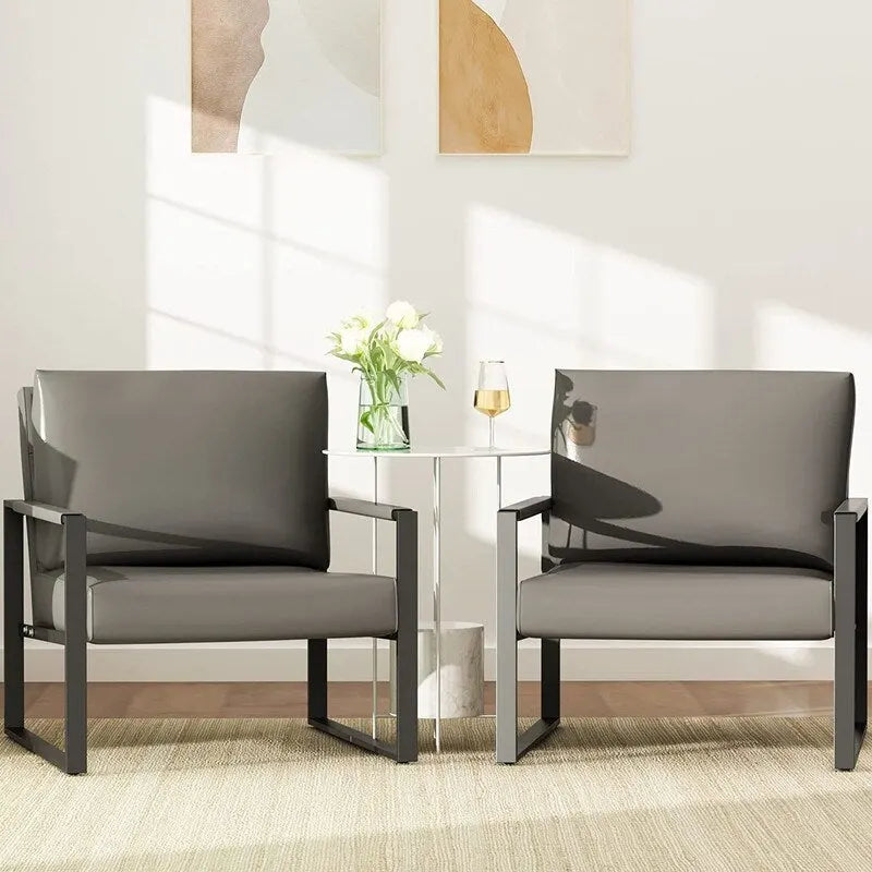 Grey/Brown/Orange/Black Mid-Century PU Leather Accent Armchair, Steel Frame, Set of 2