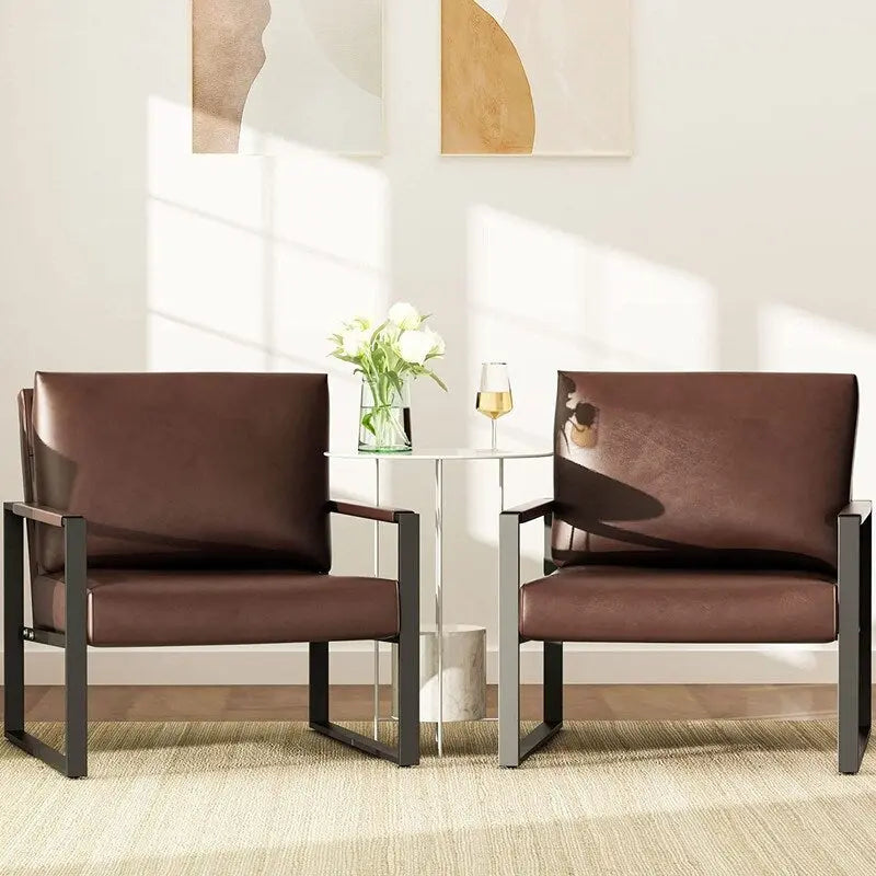 Fauteuil d'appoint du milieu du siècle en cuir PU gris/marron/orange/noir, structure en acier, lot de 2