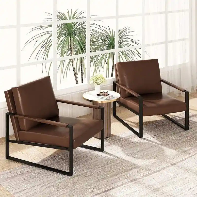 Grey/Brown/Orange/Black Mid-Century PU Leather Accent Armchair, Steel Frame, Set of 2