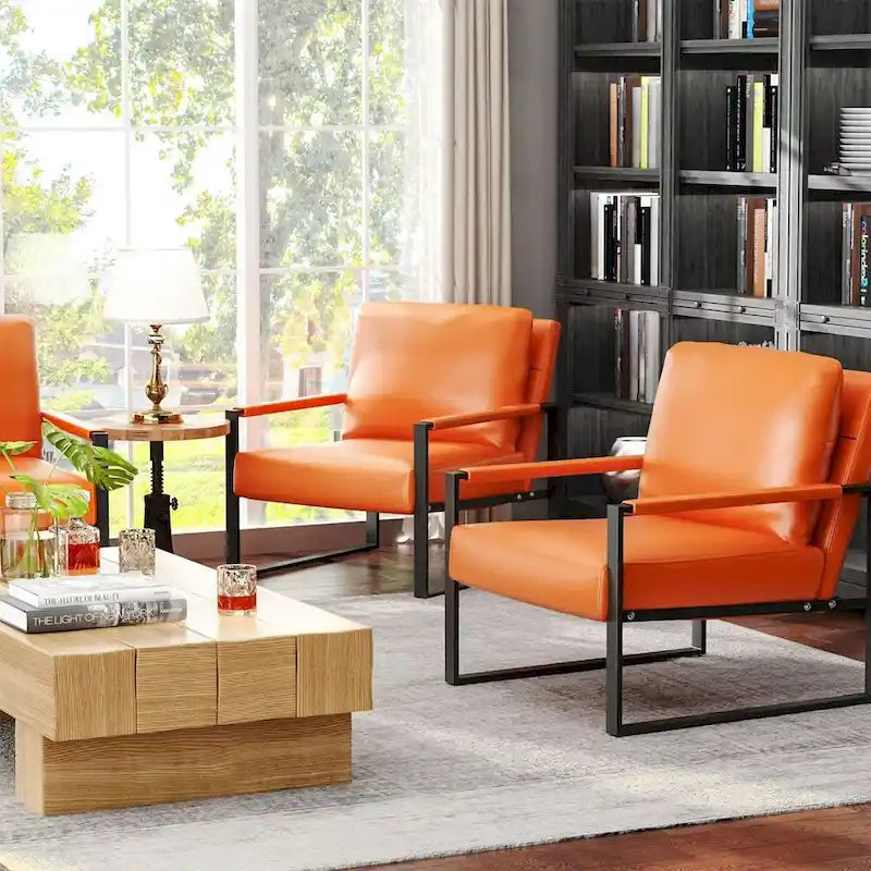 Grey/Brown/Orange/Black Mid-Century PU Leather Accent Armchair, Steel Frame, Set of 2