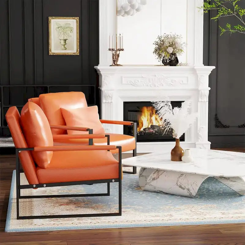 Grey/Brown/Orange/Black Mid-Century PU Leather Accent Armchair, Steel Frame, Set of 2