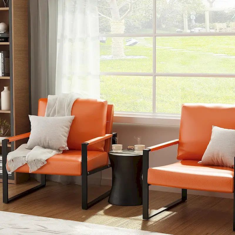 Grey/Brown/Orange/Black Mid-Century PU Leather Accent Armchair, Steel Frame, Set of 2