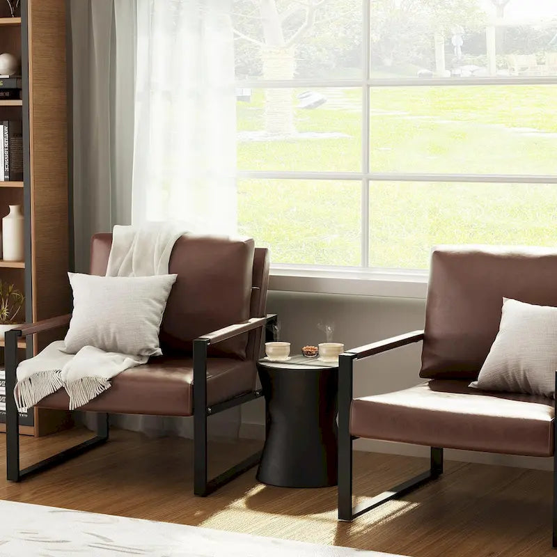 Grey/Brown/Orange/Black Mid-Century PU Leather Accent Armchair, Steel Frame, Set of 2