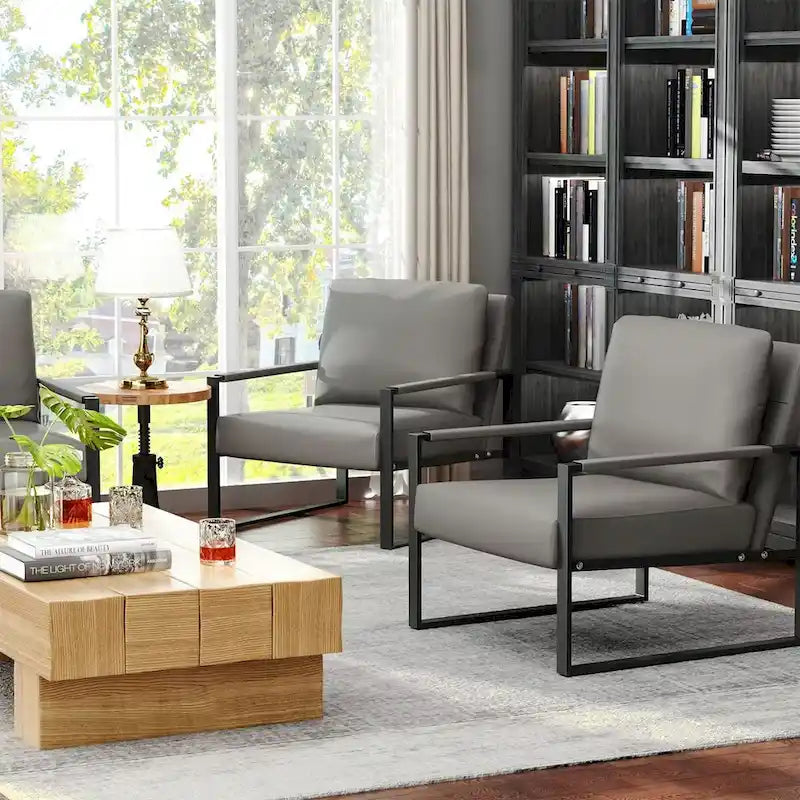 Grey/Brown/Orange/Black Mid-Century PU Leather Accent Armchair, Steel Frame, Set of 2