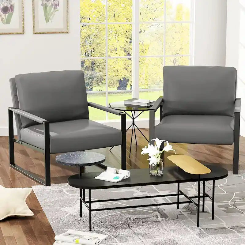 Grey/Brown/Orange/Black Mid-Century PU Leather Accent Armchair, Steel Frame, Set of 2