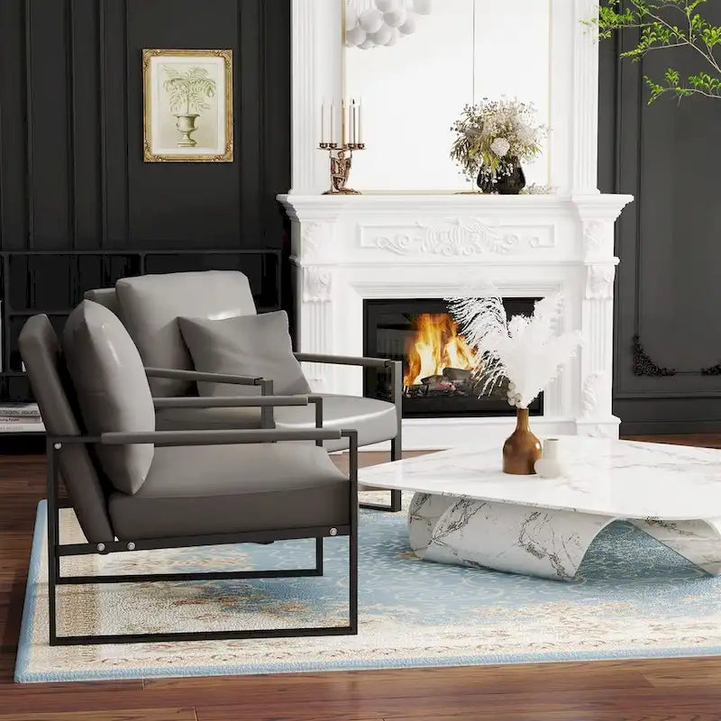 Grey/Brown/Orange/Black Mid-Century PU Leather Accent Armchair, Steel Frame, Set of 2