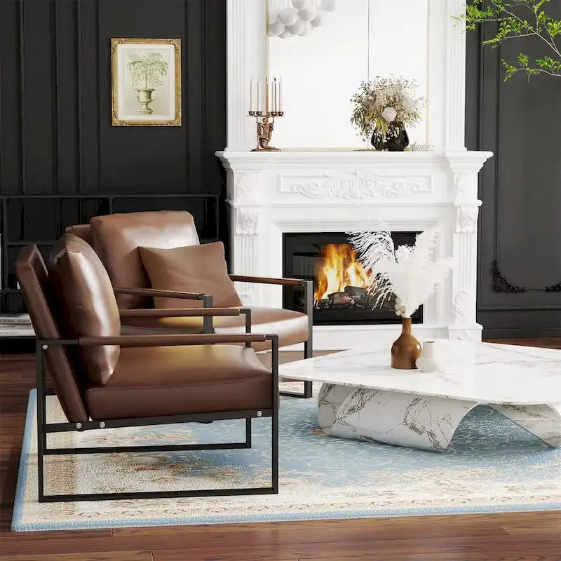 Grey/Brown/Orange/Black Mid-Century PU Leather Accent Armchair, Steel Frame, Set of 2