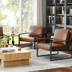 Grey/Brown/Orange/Black Mid-Century PU Leather Accent Armchair, Steel Frame, Set of 2