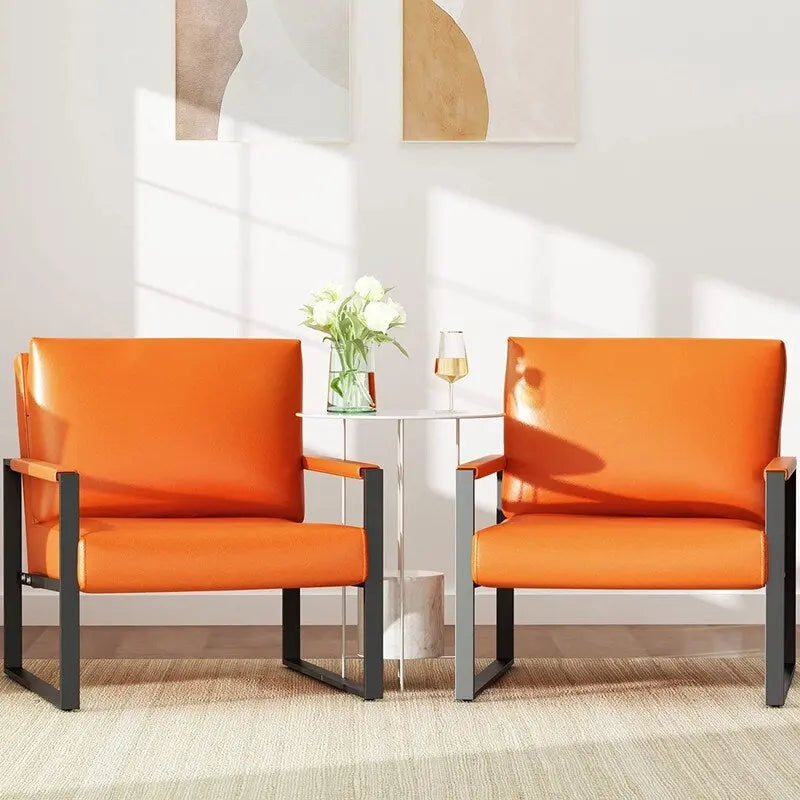 Grey/Brown/Orange/Black Mid-Century PU Leather Accent Armchair, Steel Frame, Set of 2