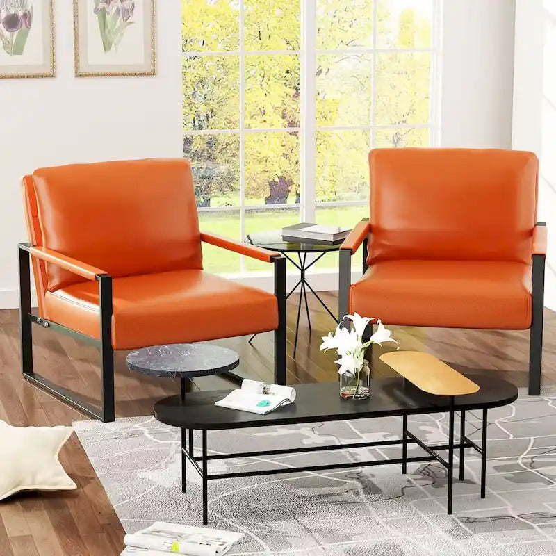 Grey/Brown/Orange/Black Mid-Century PU Leather Accent Armchair, Steel Frame, Set of 2