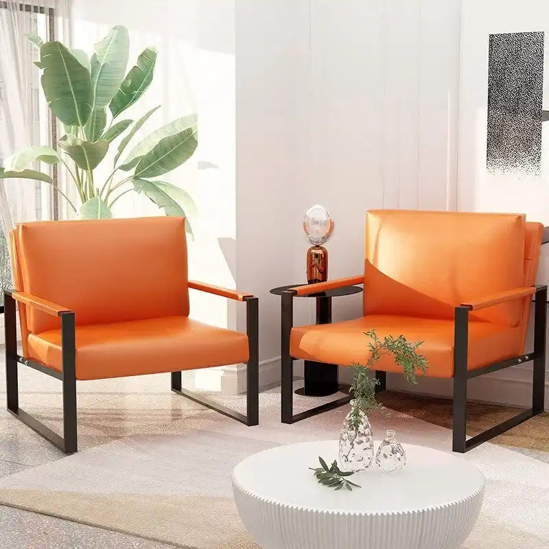 Grey/Brown/Orange/Black Mid-Century PU Leather Accent Armchair, Steel Frame, Set of 2