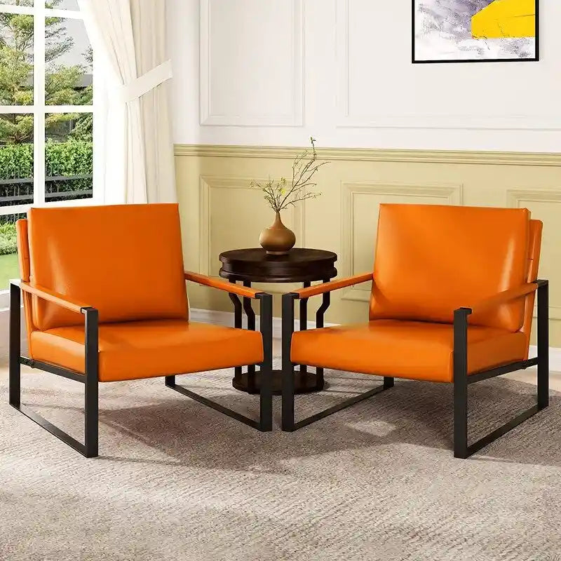 Grey/Brown/Orange/Black Mid-Century PU Leather Accent Armchair, Steel Frame, Set of 2