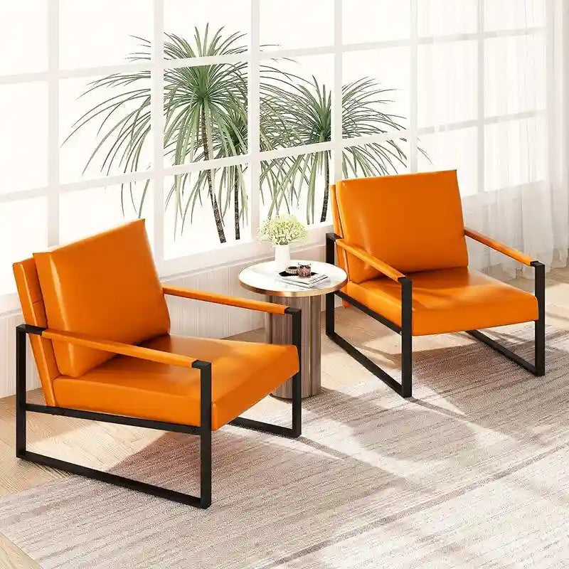 Grey/Brown/Orange/Black Mid-Century PU Leather Accent Armchair, Steel Frame, Set of 2