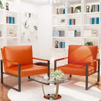 Grey/Brown/Orange/Black Mid-Century PU Leather Accent Armchair, Steel Frame, Set of 2