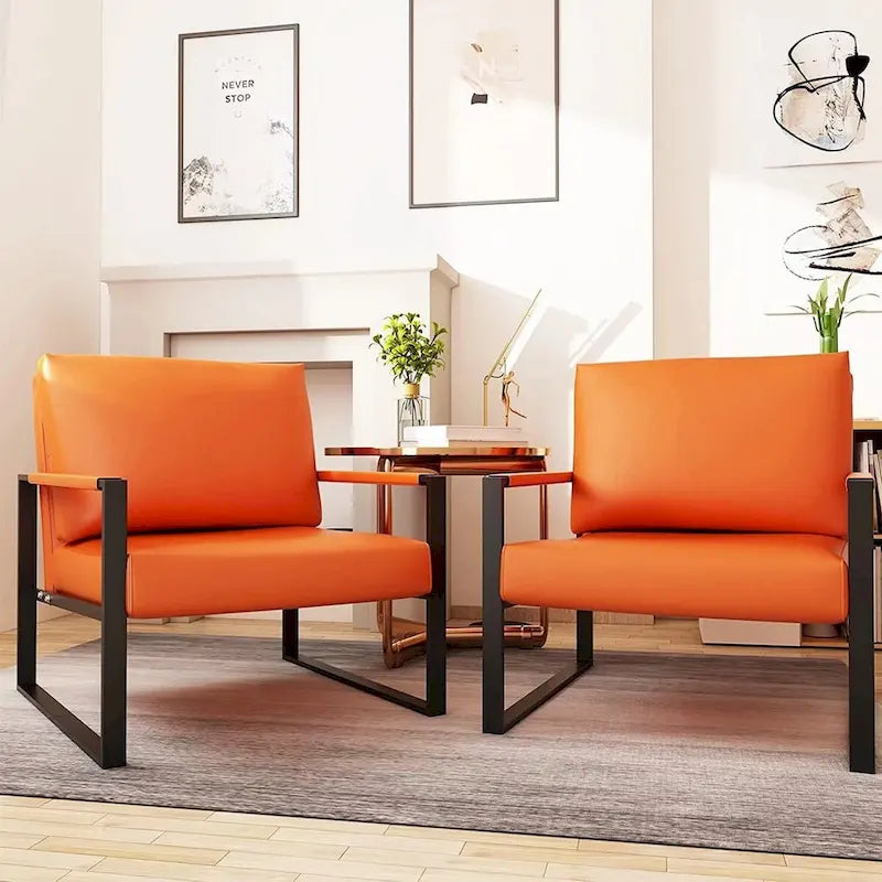 Grey/Brown/Orange/Black Mid-Century PU Leather Accent Armchair, Steel Frame, Set of 2