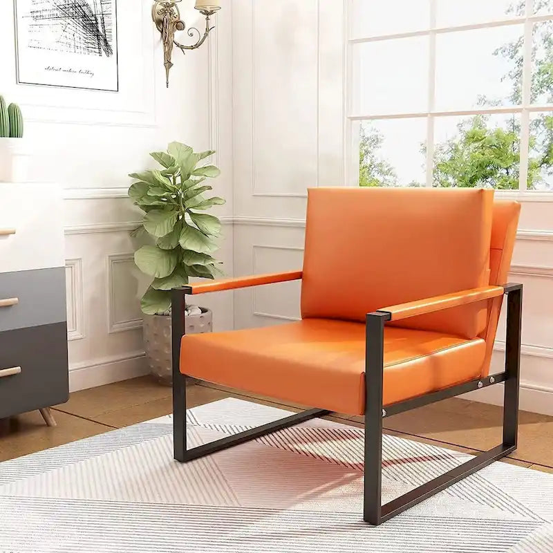 Grey/Brown/Orange/Black Mid-Century PU Leather Accent Armchair, Steel Frame, Set of 2