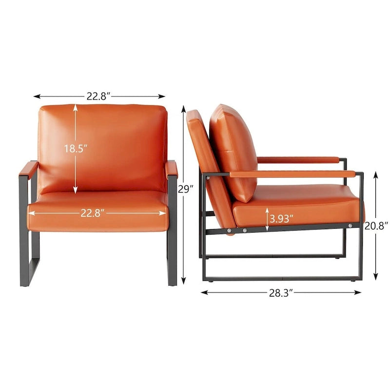 Grey/Brown/Orange/Black Mid-Century PU Leather Accent Armchair, Steel Frame, Set of 2