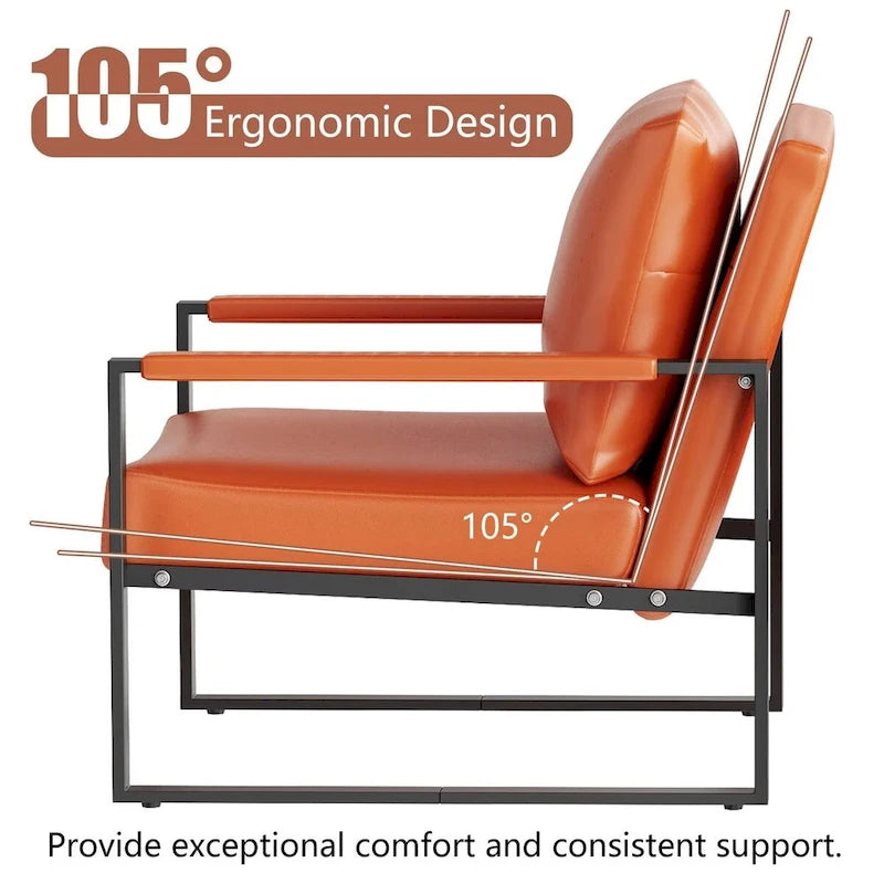 Grey/Brown/Orange/Black Mid-Century PU Leather Accent Armchair, Steel Frame, Set of 2