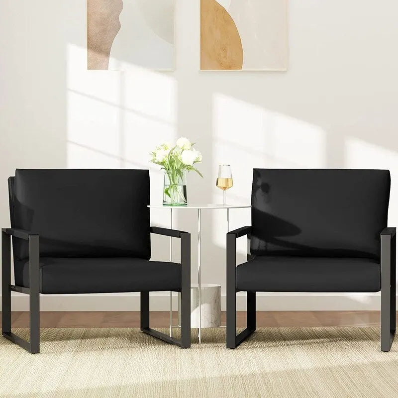 Grey/Brown/Orange/Black Mid-Century PU Leather Accent Armchair, Steel Frame, Set of 2