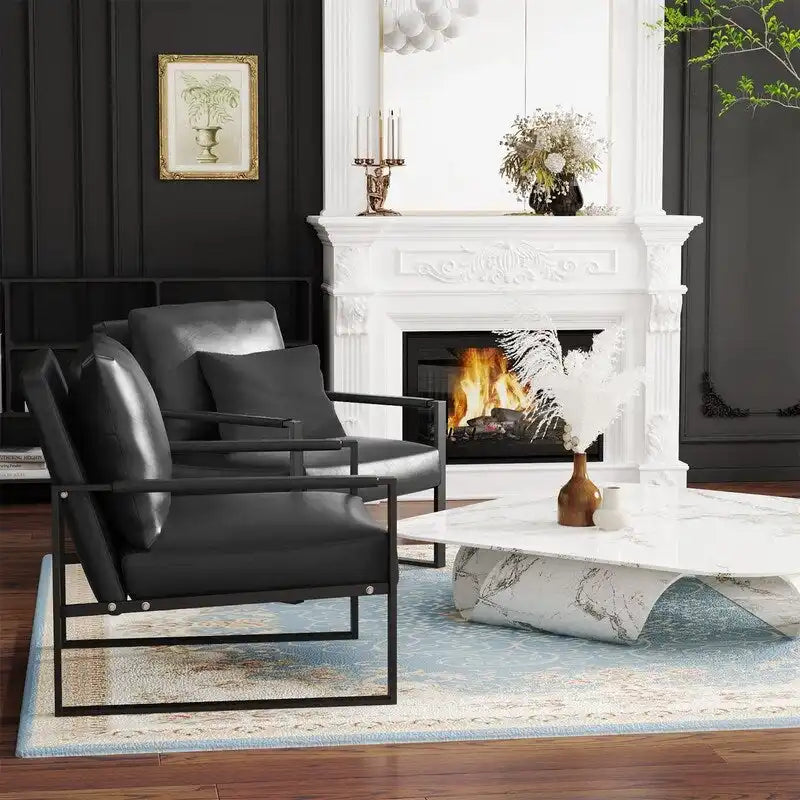 Grey/Brown/Orange/Black Mid-Century PU Leather Accent Armchair, Steel Frame, Set of 2