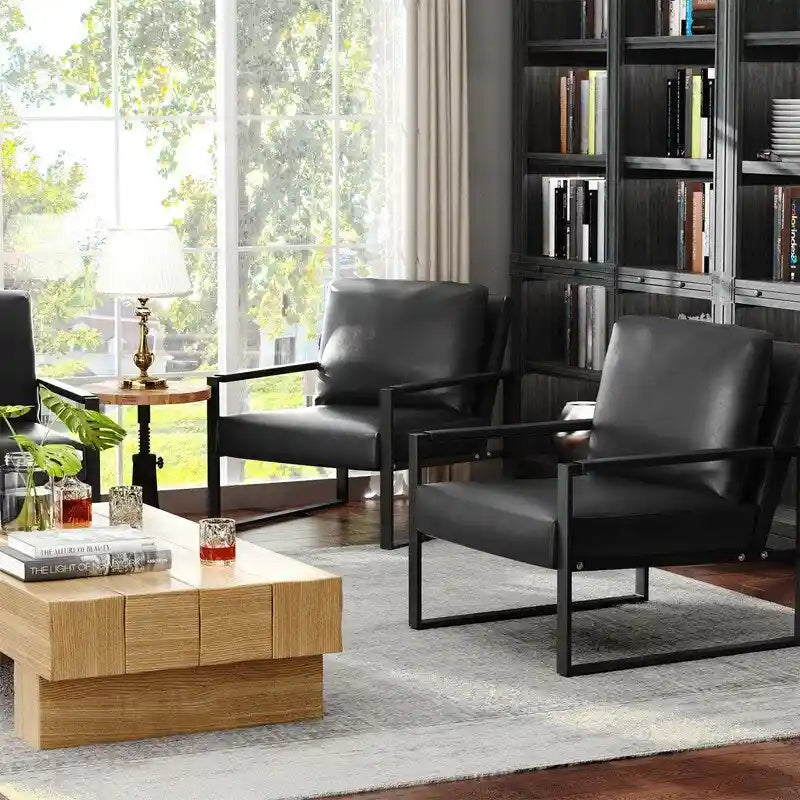 Grey/Brown/Orange/Black Mid-Century PU Leather Accent Armchair, Steel Frame, Set of 2