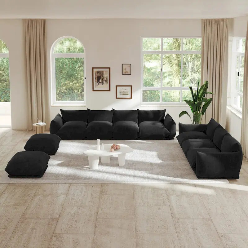 Chenille Modular Sectional Sofa with 2 Ottomans, Orange/Beige/Black/Green, Seats 3-4