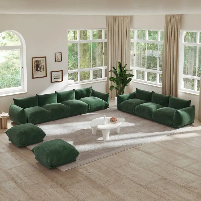 Chenille Modular Sectional Sofa with 2 Ottomans, Orange/Beige/Black/Green, Seats 3-4