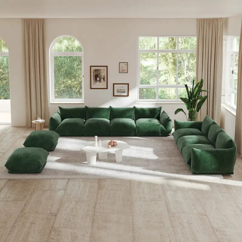 Chenille Modular Sectional Sofa with 2 Ottomans, Orange/Beige/Black/Green, Seats 3-4