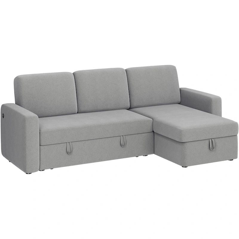 L-Shaped Convertible Sectional Sofa with Pull-Out Bed & Storage, Light Grey / Dark Grey / Black, Seats 2