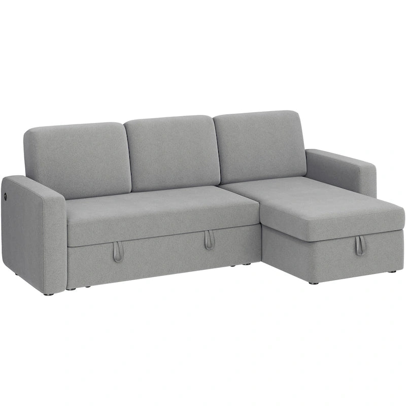 L-Shaped Convertible Sectional Sofa with Pull-Out Bed & Storage, Light Grey / Dark Grey / Black, Seats 2