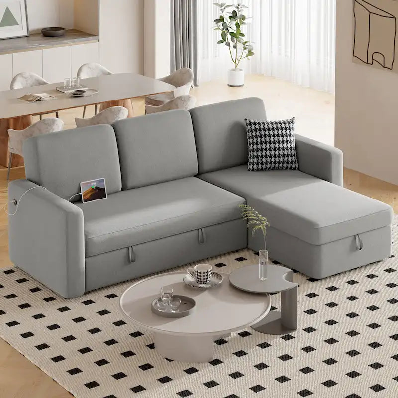 L-Shaped Convertible Sectional Sofa with Pull-Out Bed & Storage, Light Grey / Dark Grey / Black, Seats 2