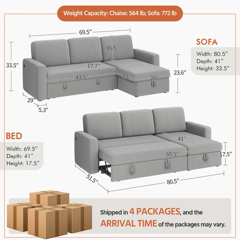 L-Shaped Convertible Sectional Sofa with Pull-Out Bed & Storage, Light Grey / Dark Grey / Black, Seats 2