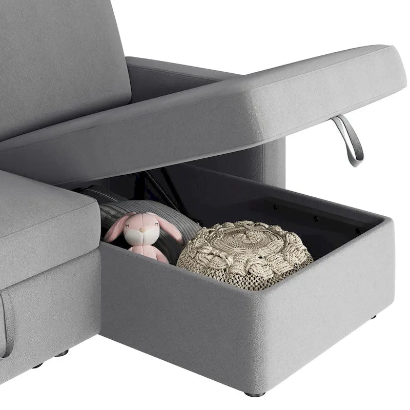 L-Shaped Convertible Sectional Sofa with Pull-Out Bed & Storage, Light Grey / Dark Grey / Black, Seats 2