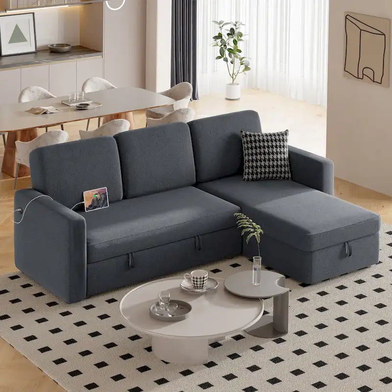 L-Shaped Convertible Sectional Sofa with Pull-Out Bed & Storage, Light Grey / Dark Grey / Black, Seats 2