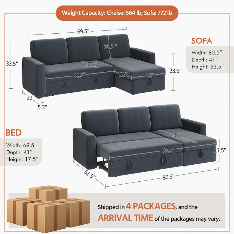 L-Shaped Convertible Sectional Sofa with Pull-Out Bed & Storage, Light Grey / Dark Grey / Black, Seats 2