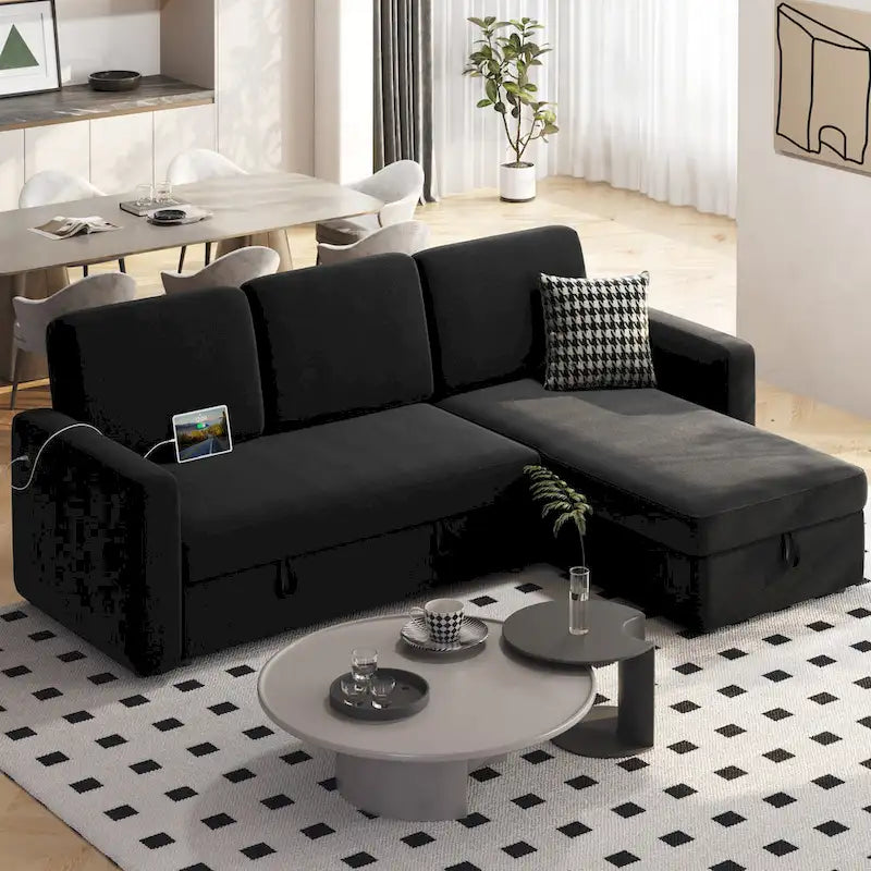 L-Shaped Convertible Sectional Sofa with Pull-Out Bed & Storage, Light Grey / Dark Grey / Black, Seats 2