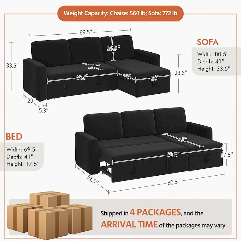 L-Shaped Convertible Sectional Sofa with Pull-Out Bed & Storage, Light Grey / Dark Grey / Black, Seats 2