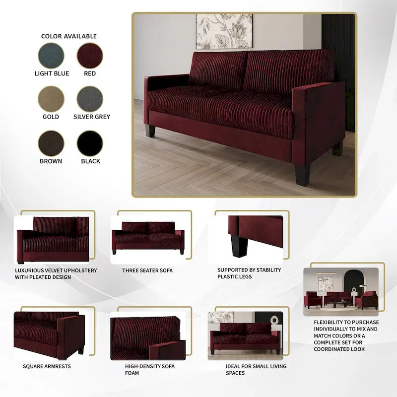 Corduroy Velvet 3-Seater Sofa, Mid-Century Style
